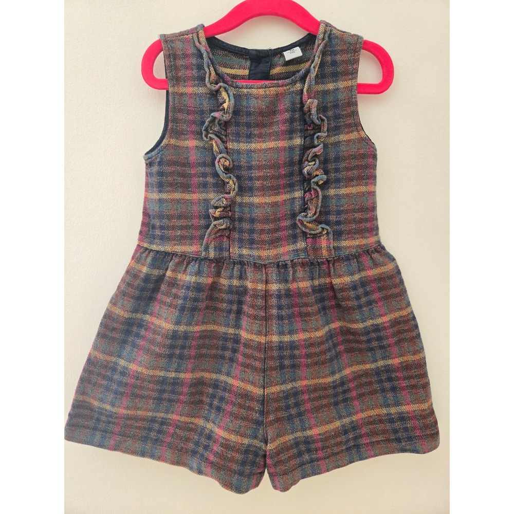 Tu Kids Plaid Ruffle Sleeveless Romper Multi Color Check Cotton Size 4-5 Years